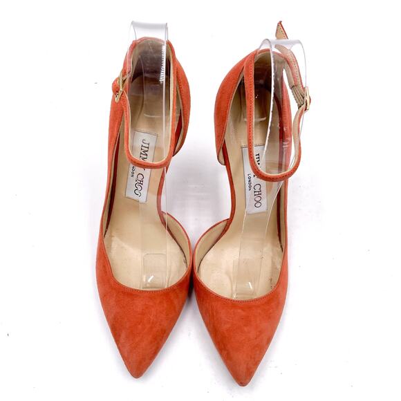 Jimmy Choo Lucy Pumps Peach Orange Suede Pointed Toe Ankle Strap Heels Sz 36 / 6 - Picture 2 of 9
